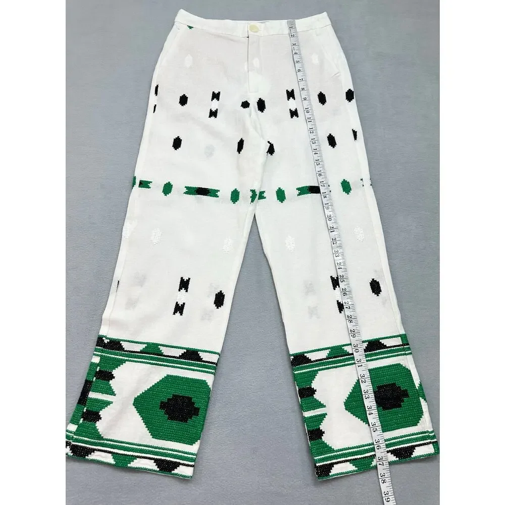 Zara Embroidered Linen Blend Geometric Pants White Green Black M